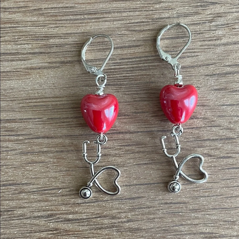HAND CRAFTED STETHOSCOPE & RED HEART DANGLE EARRINGS  Nurse or Doctor Gift